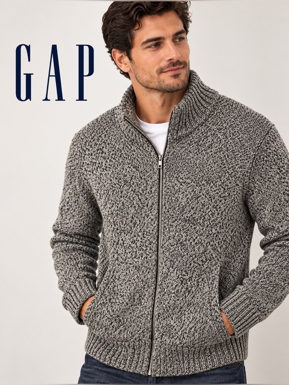 Gap Full-Zip Mock Neck Knit Sweater Marled Gray Size L
